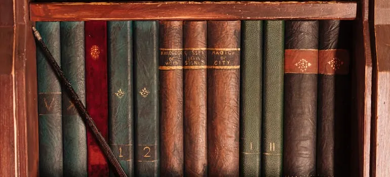 Old books on a shelf with a wand leaning against them